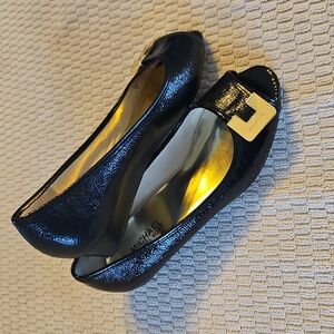 MICHAEL Michael Kors Black Patent Leather Peep-Toe Heels with Gold Accent